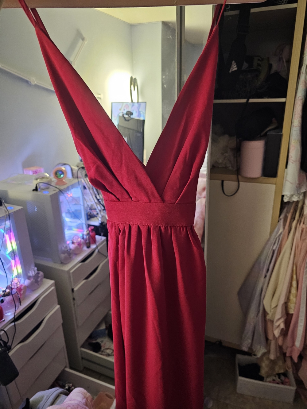 Elegant Red Maxi Slit Dress with Deep V-Neck